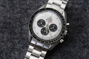 Stuttgart, Germany - May 26, 2016: Omega Speedmaster Professional Apollo XI 35th Anniversary Chronograph with rare White Dial, black bezel and steel bracelet. The Speedmaster Apollo XI 35th Anniversary: Ref. SU 145.0227 is a very rare one, with its white ‘Panda’ Dial – a white face with black sub-counters. Under the mention Professional at 12 is written in red “July 20, 1969”.
